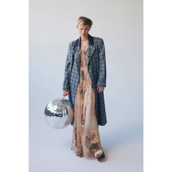 Free People Baroness Coat Size Large Blue Plaid Relaxed Slouchy Button Front